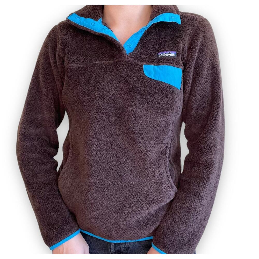 Patagonia Re-Tool Snap-T Fleece Pullover Brown Bear Blue Trim - Women's Sz M